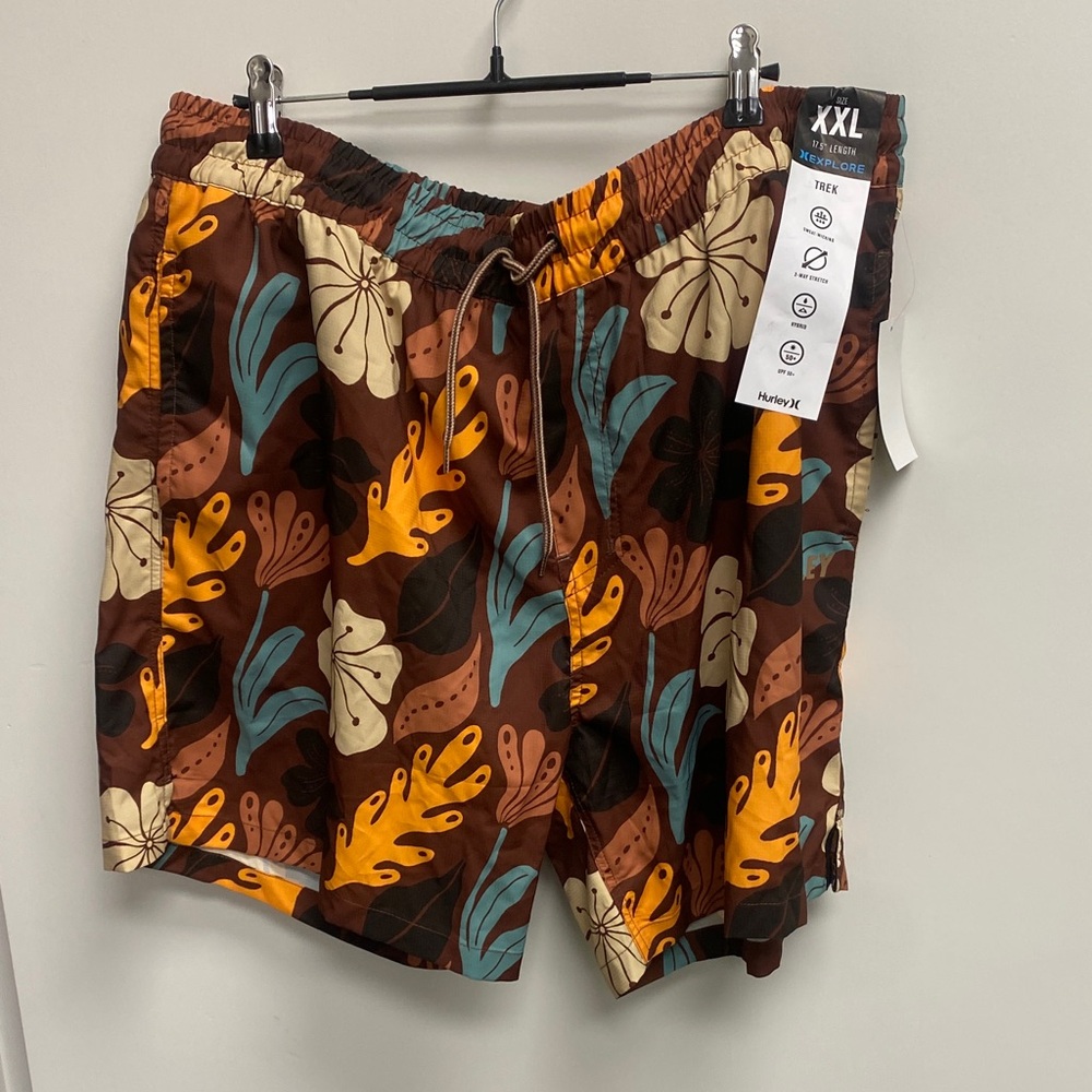 Hurley Brown Floral Swim Shorts with Teal & Orange Accents